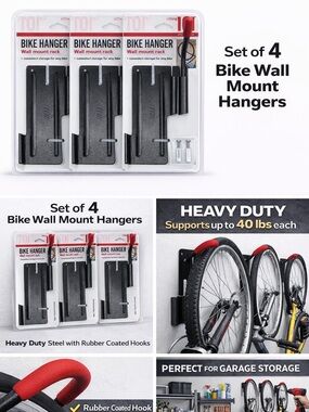 Delta Bike Wall Mount Hangers - Black with Red Accents (Set of 4)